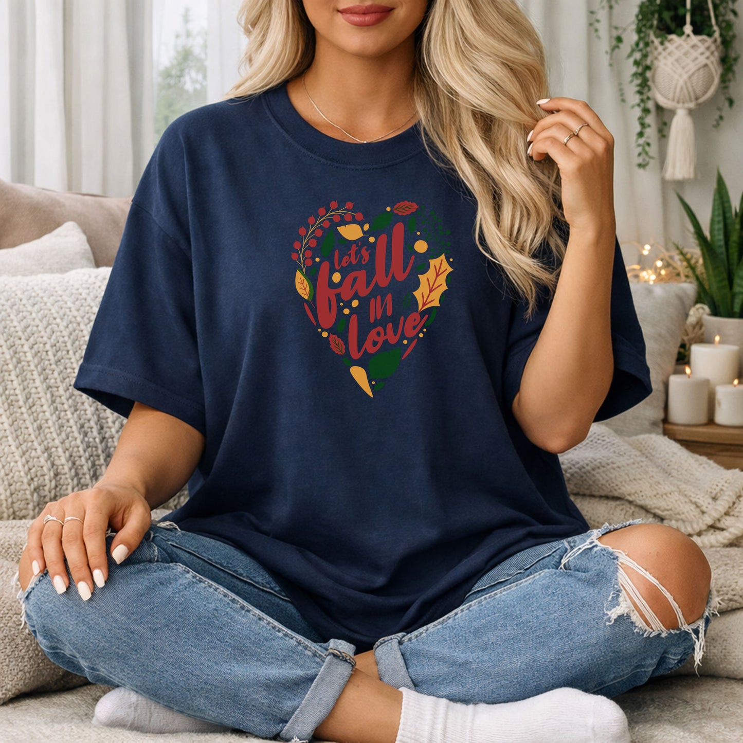Fall in Love heart graphic TShirt, autumn leaves, script typography, womens fall tshirt, cute fall shirt, fall in love, cozy shirt