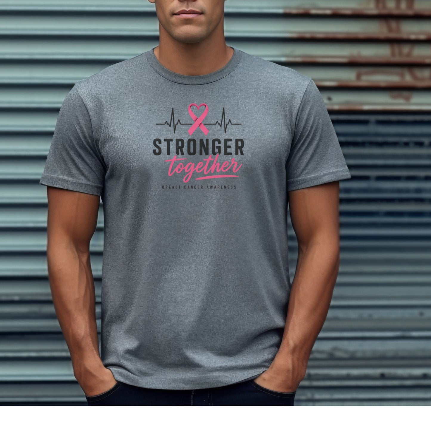 Pink Ribbon Heart EKG Stronger Together T-Shirt, Breast Cancer Awareness, October, Pink ribbon, Breast cancer support, Cancer awareness