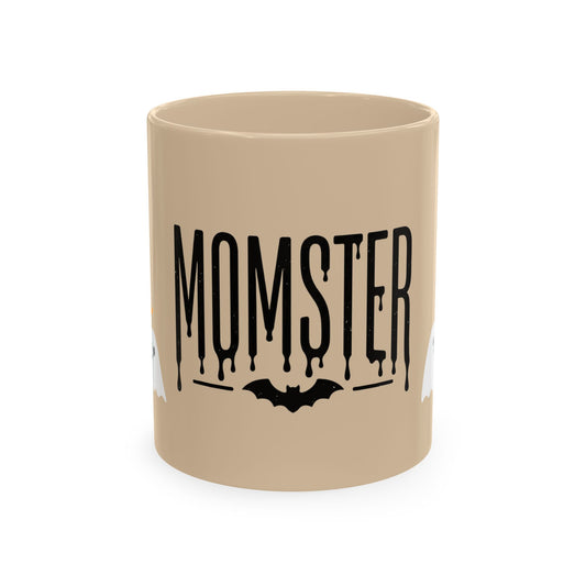 Momster Ceramic Mug — Halloween Mom Coffee Cup with Ghosts & Bat