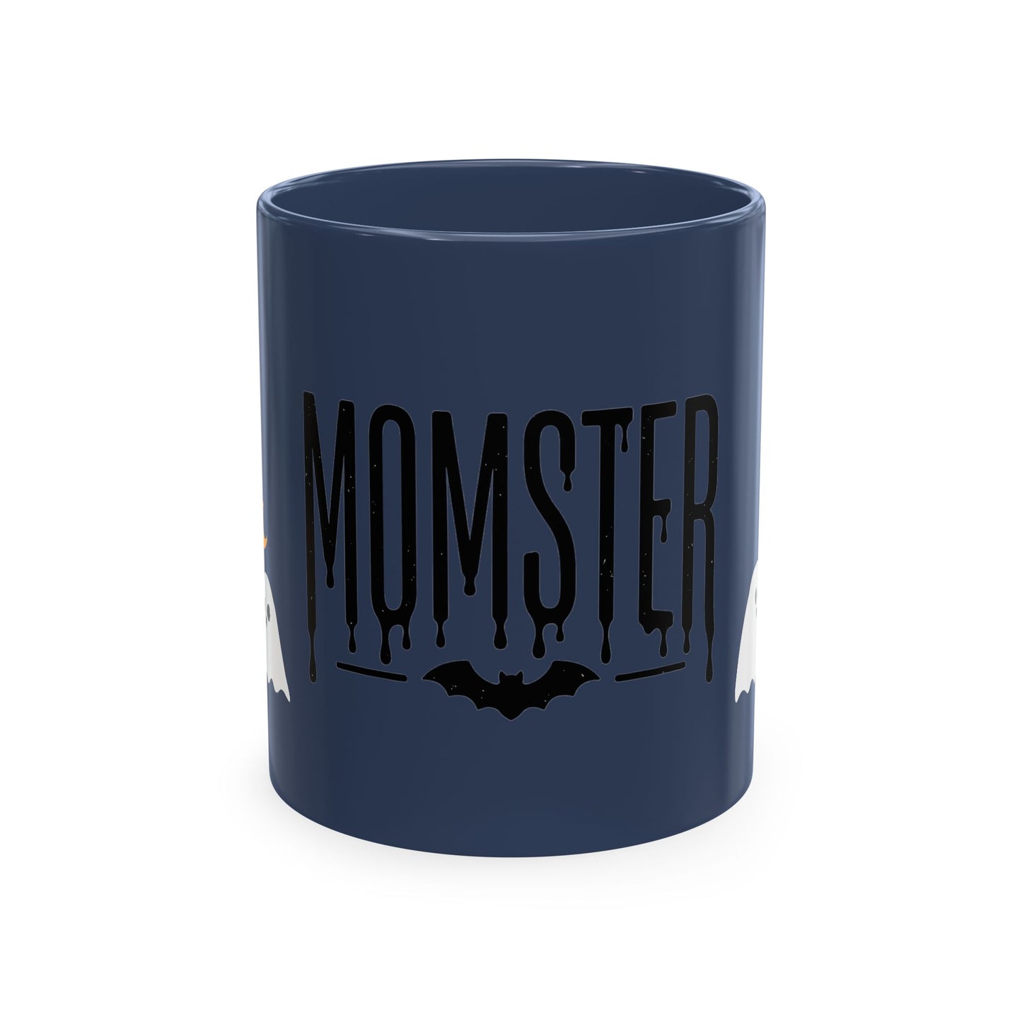 Momster Ceramic Mug — Halloween Mom Coffee Cup with Ghosts & Bat
