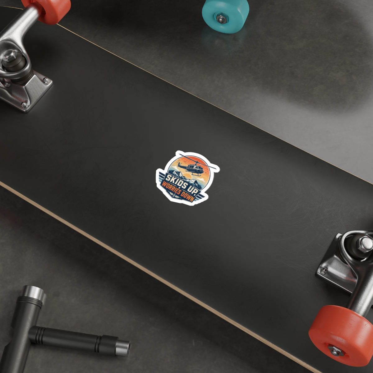 Die-Cut Sticker — “Skids Up, Worries Down” Helicopter Vintage Adventure Decal