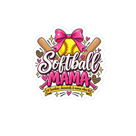 Softball Mama Sticker — Pink Bow Softball Kiss-Cut Vinyl Decal for Moms, Team Spirit Gift