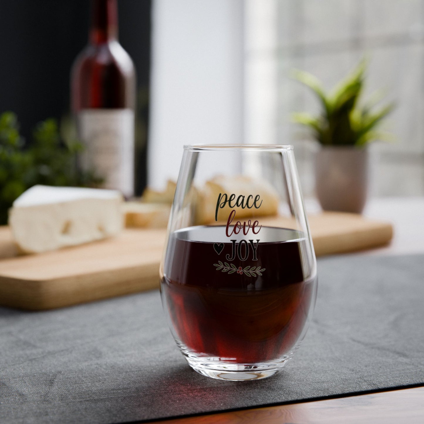 Peace Love Joy Stemless Wine Glass — Festive Holiday 11.75 oz Gift