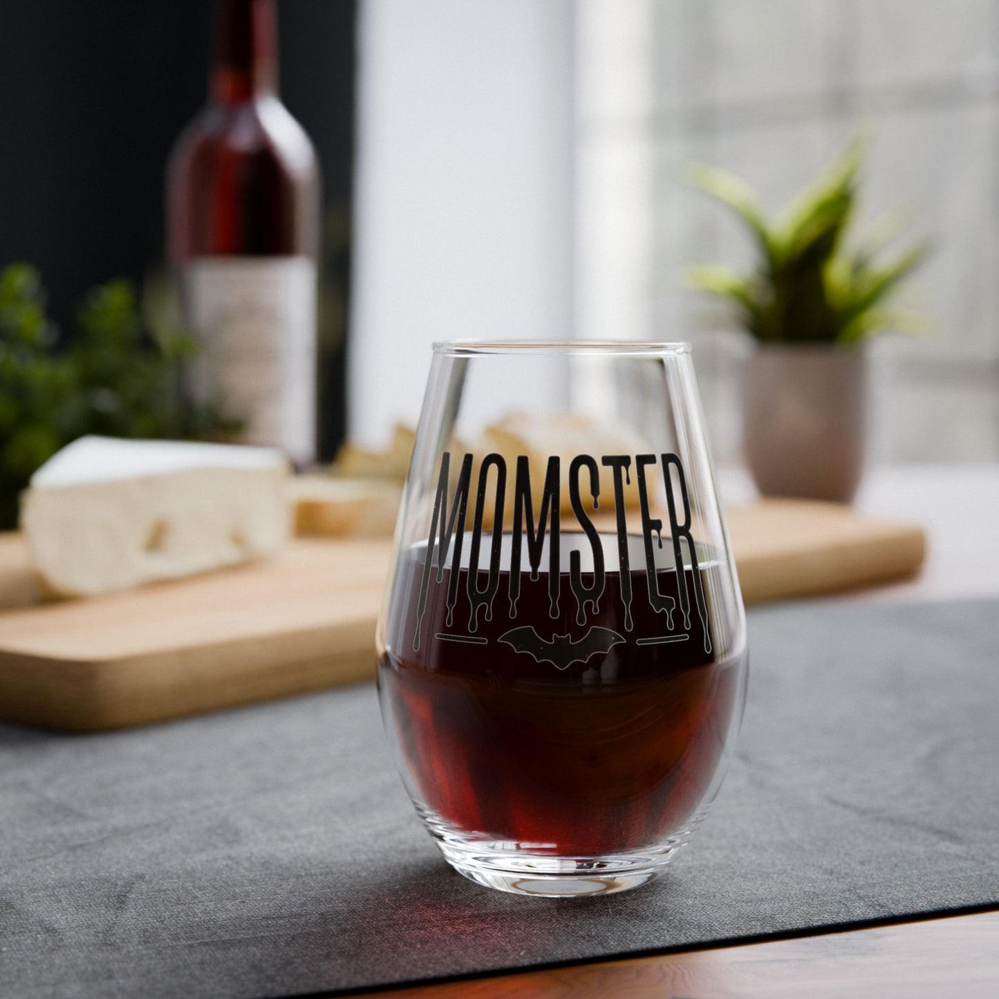 Momster Stemless Wine Glass - Halloween Bat Design, 11.75 oz