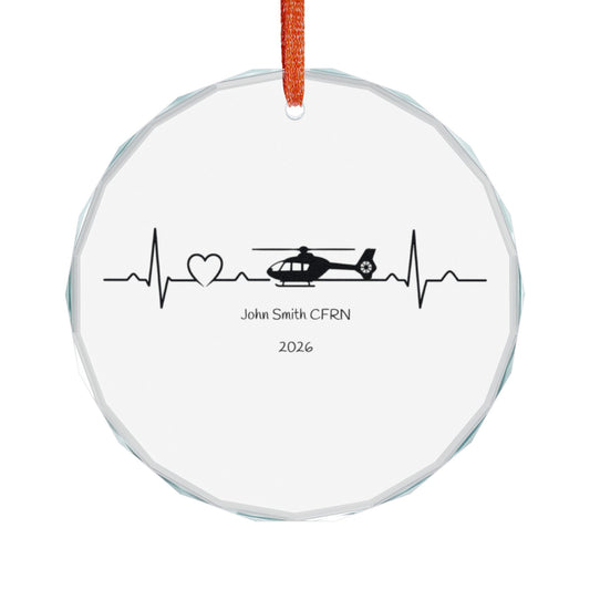 Air Rescue Helicopter Heartbeat Glass Ornament — Personalized EMT/Flight Nurse Keepsake