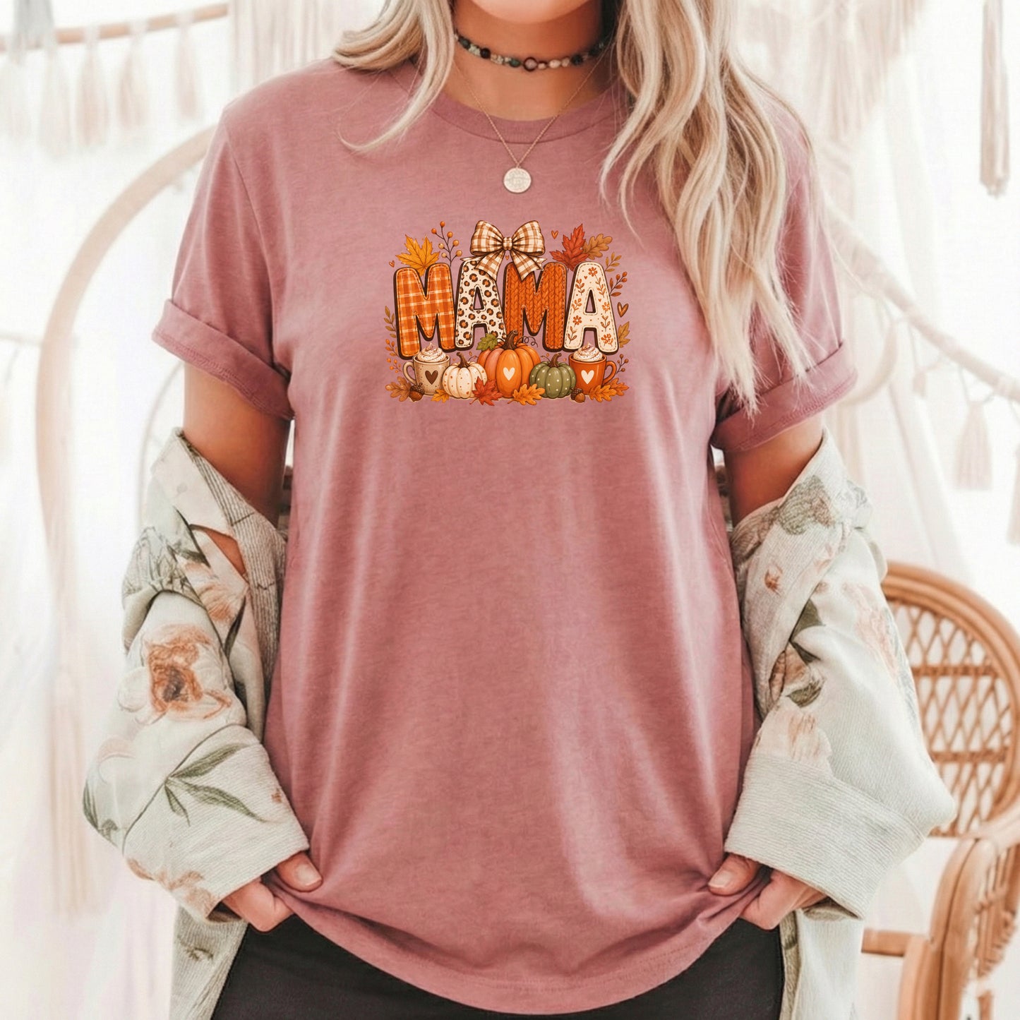 Mama Autumn Letters Tee, Pumpkin, Leaves, Fall Floral Design, Mama shirt, fall holiday shirt, pumpkin patch tshirt, thanksgiving tshirt,