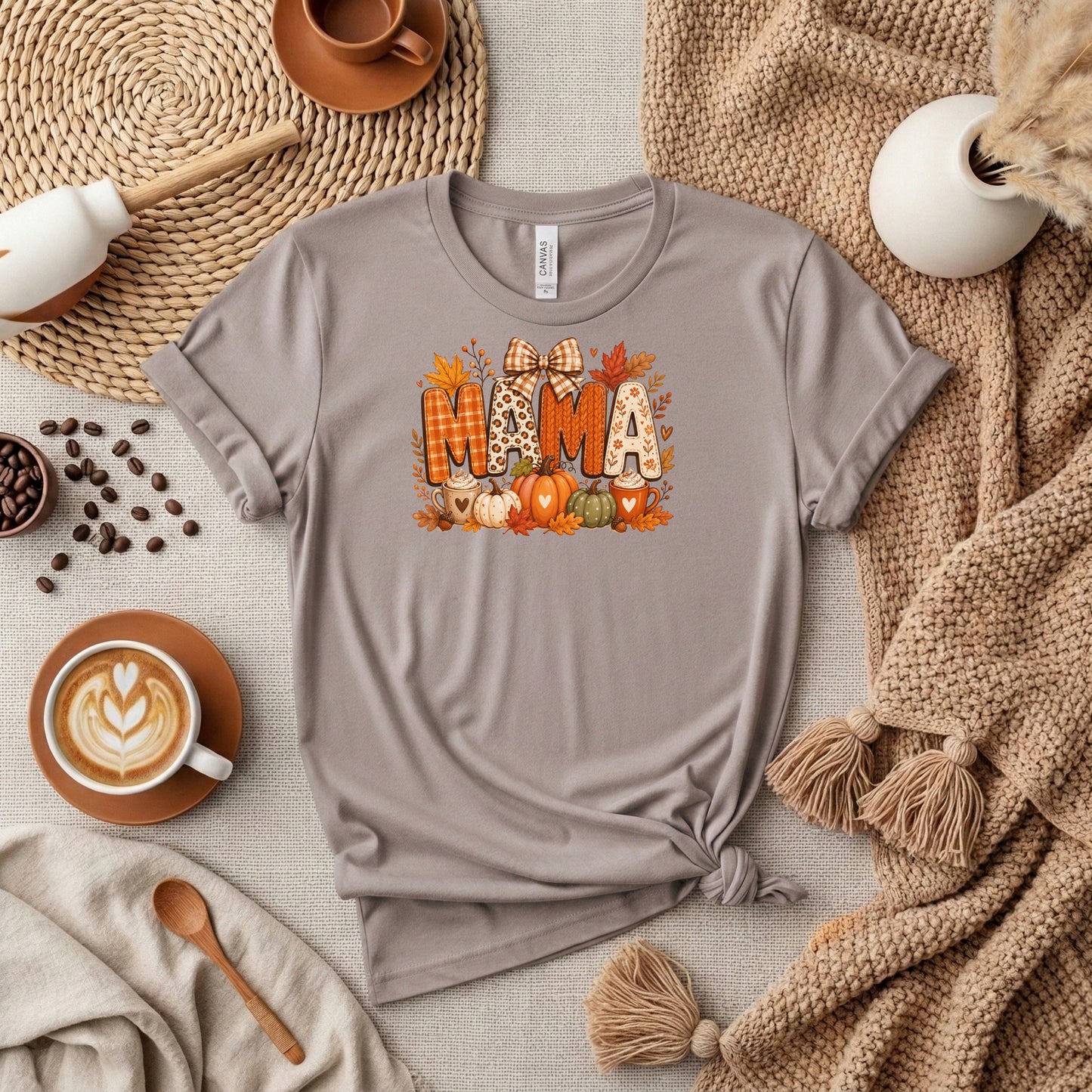 Mama Autumn Letters Tee, Pumpkin, Leaves, Fall Floral Design, Mama shirt, fall holiday shirt, pumpkin patch tshirt, thanksgiving tshirt,