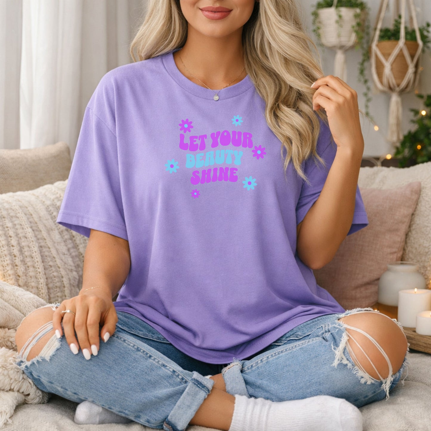 Let Your Beauty Shine T-Shirt, Positive Message Floral Stars Tee, positive vibes shirt, womens tshirt, Cute saying shirt, femine shirt