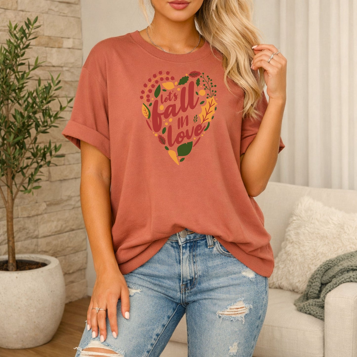 Fall in Love heart graphic TShirt, autumn leaves, script typography, womens fall tshirt, cute fall shirt, fall in love, cozy shirt