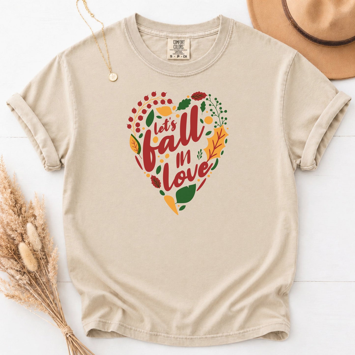 Fall in Love heart graphic TShirt, autumn leaves, script typography, womens fall tshirt, cute fall shirt, fall in love, cozy shirt