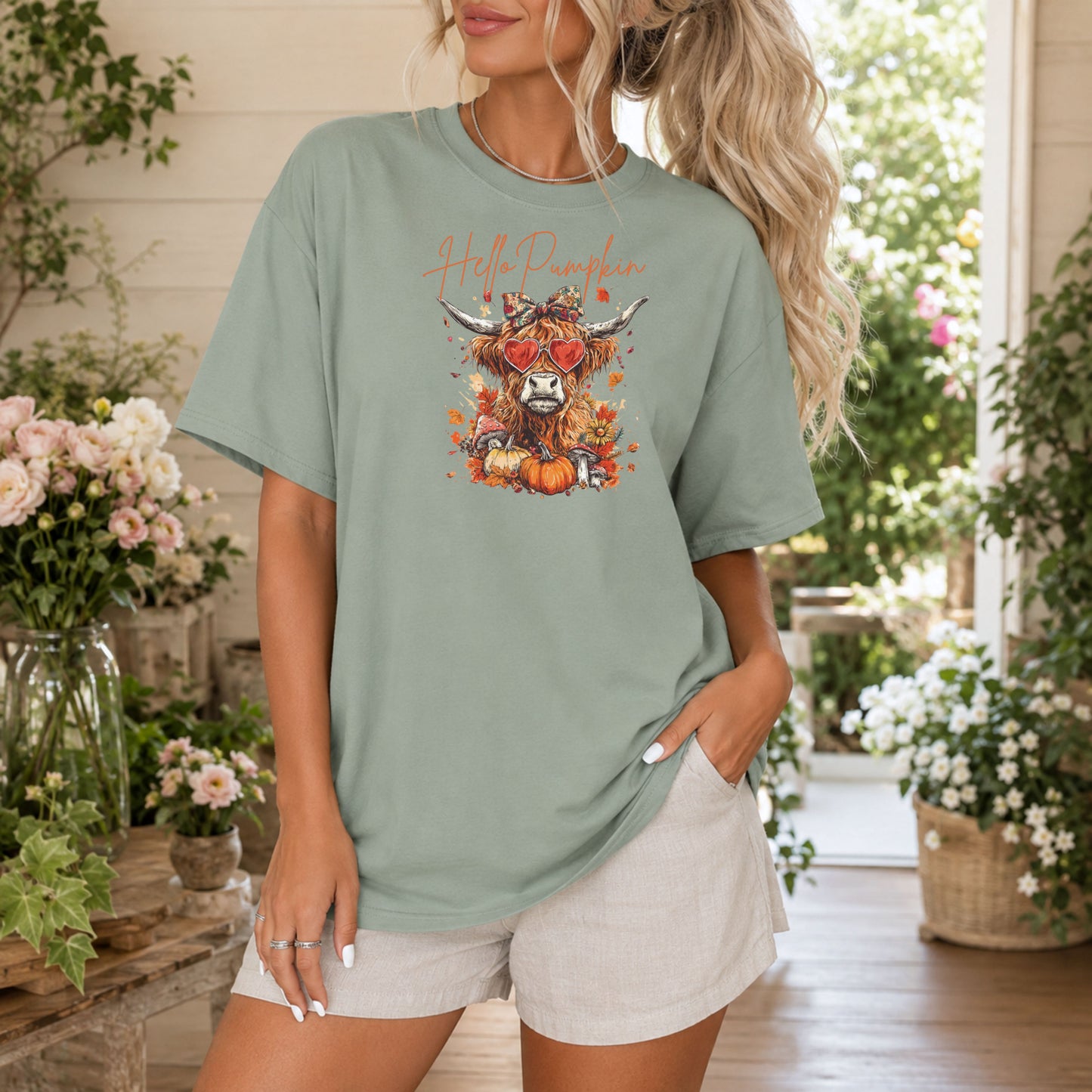 Pumpkin Highland Cow TShirt, Fall Autumn Leaves, Heart Sunglasses, humor fall shirt, womens fall shirt, highland cow shirt, cute fall tshirt