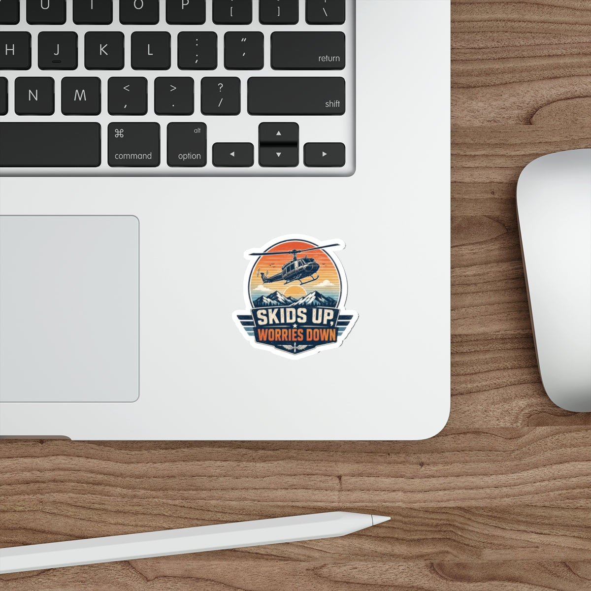 Die-Cut Sticker — “Skids Up, Worries Down” Helicopter Vintage Adventure Decal