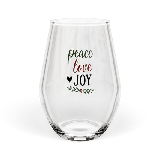 Peace Love Joy Stemless Wine Glass — Festive Holiday 11.75 oz Gift