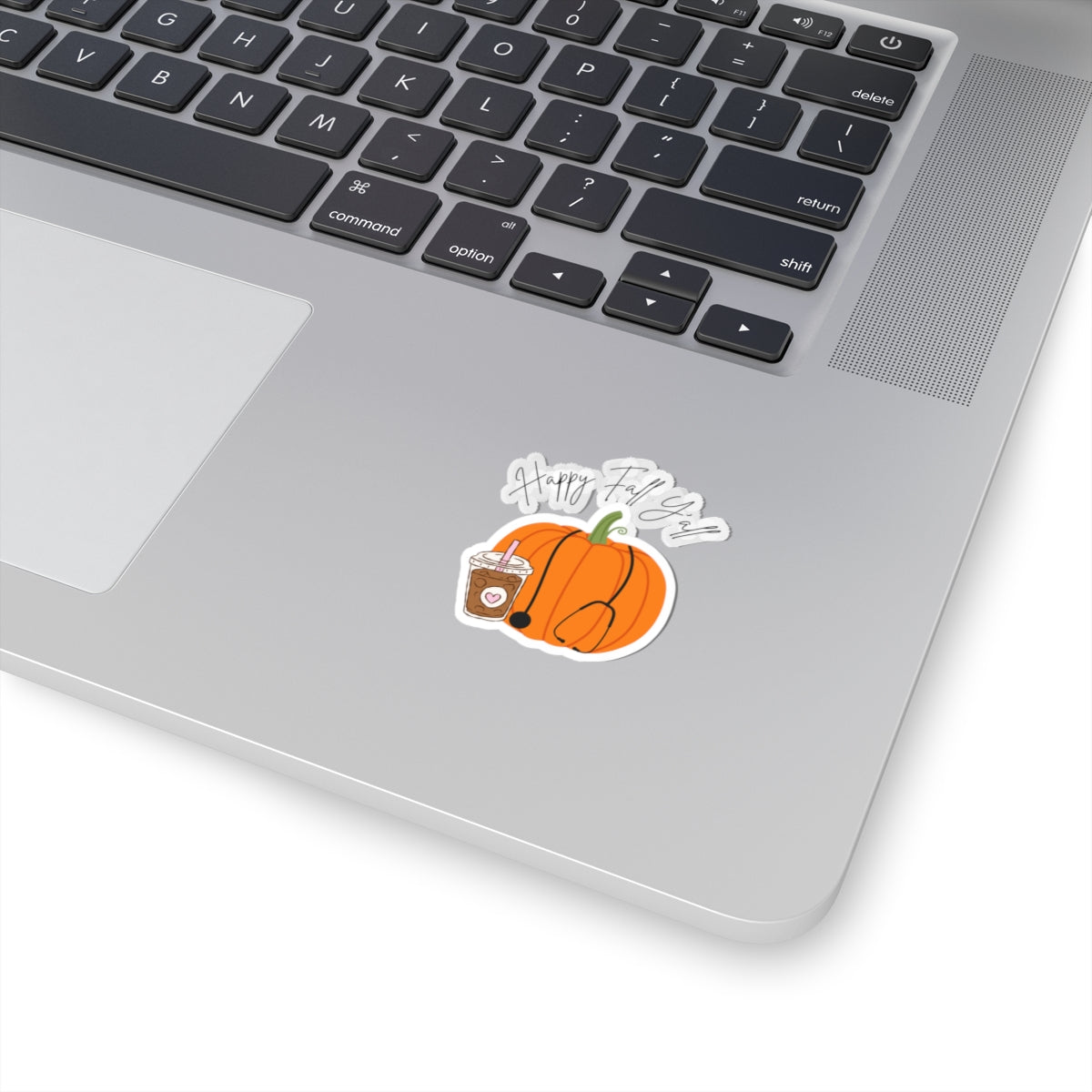 Happy Fall Y'all Pumpkin Sticker — Fall Coffee & Stethoscope Kiss-Cut Sticker for Nurses