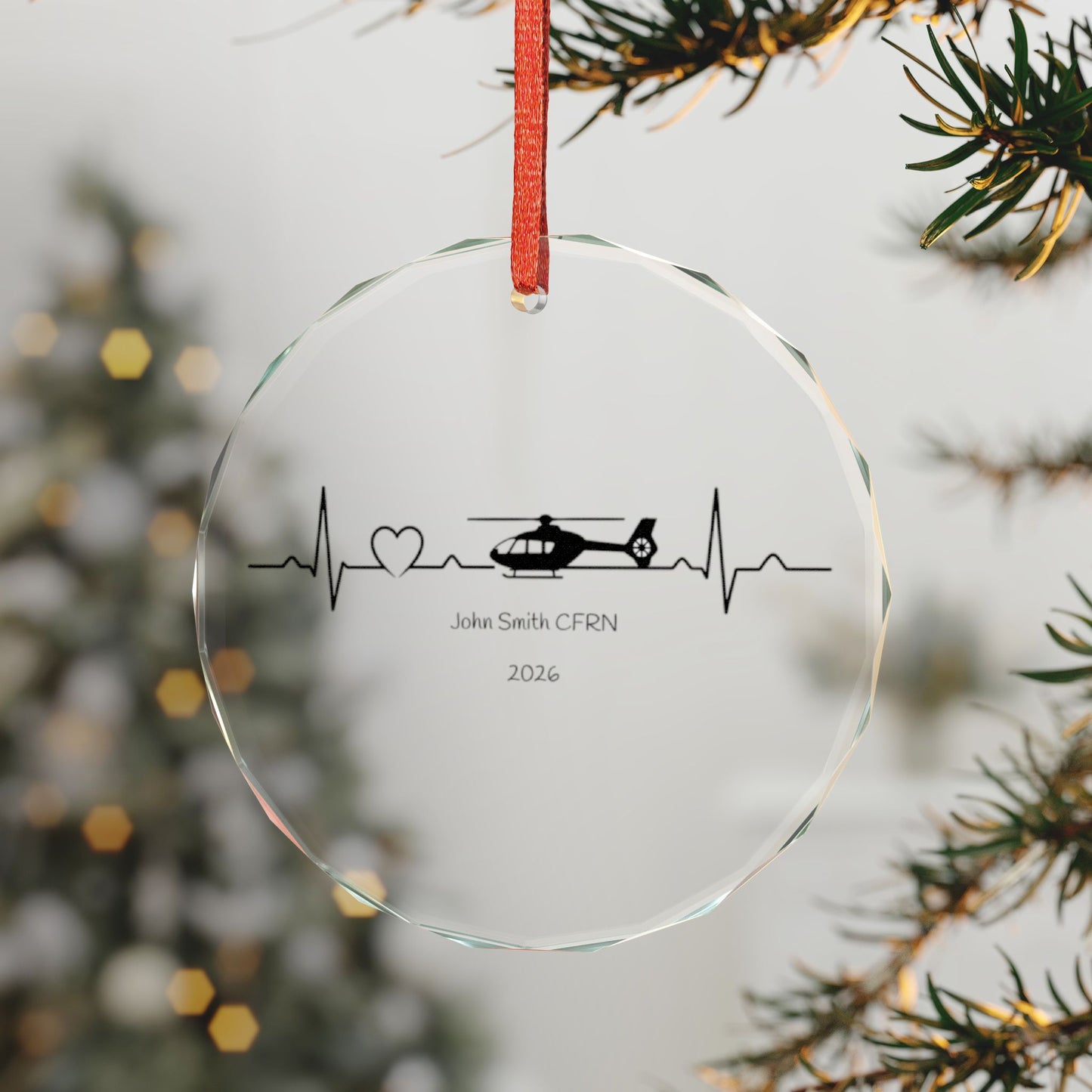 Air Rescue Helicopter Heartbeat Glass Ornament — Personalized EMT/Flight Nurse Keepsake