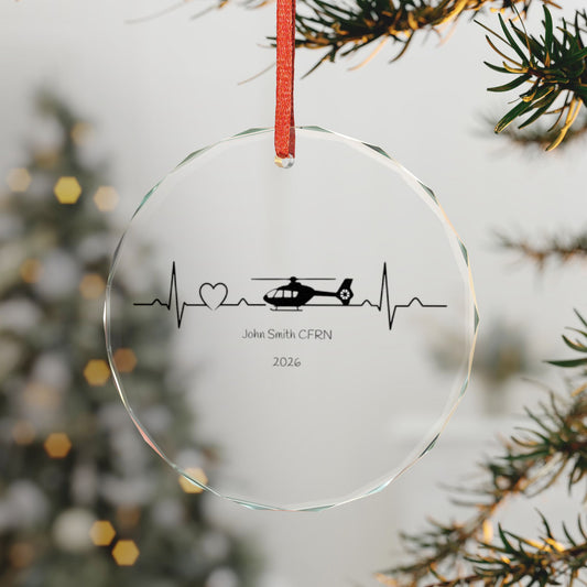 Air Rescue Helicopter Heartbeat Glass Ornament — Personalized EMT/Flight Nurse Keepsake
