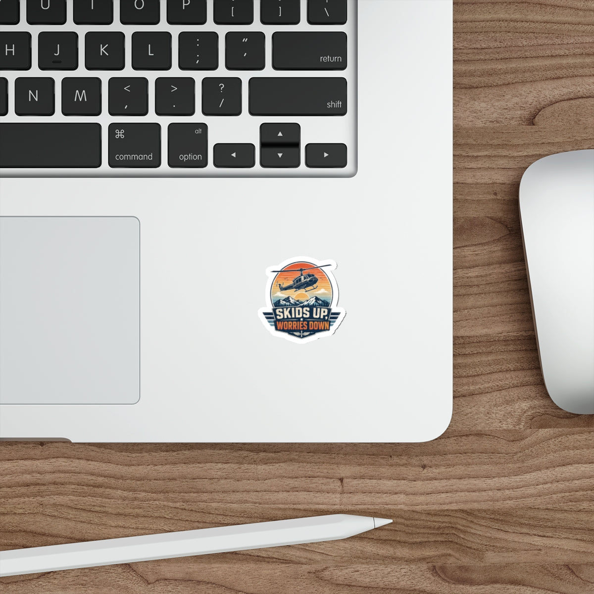 Die-Cut Sticker — “Skids Up, Worries Down” Helicopter Vintage Adventure Decal