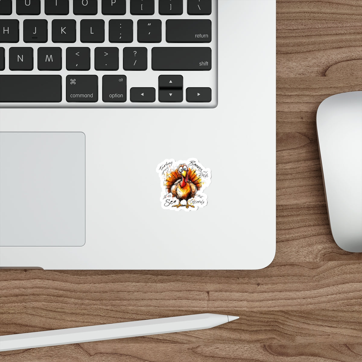 Turkey Die-Cut Sticker — Whimsical Thanksgiving Sticker ("See the Casserole")