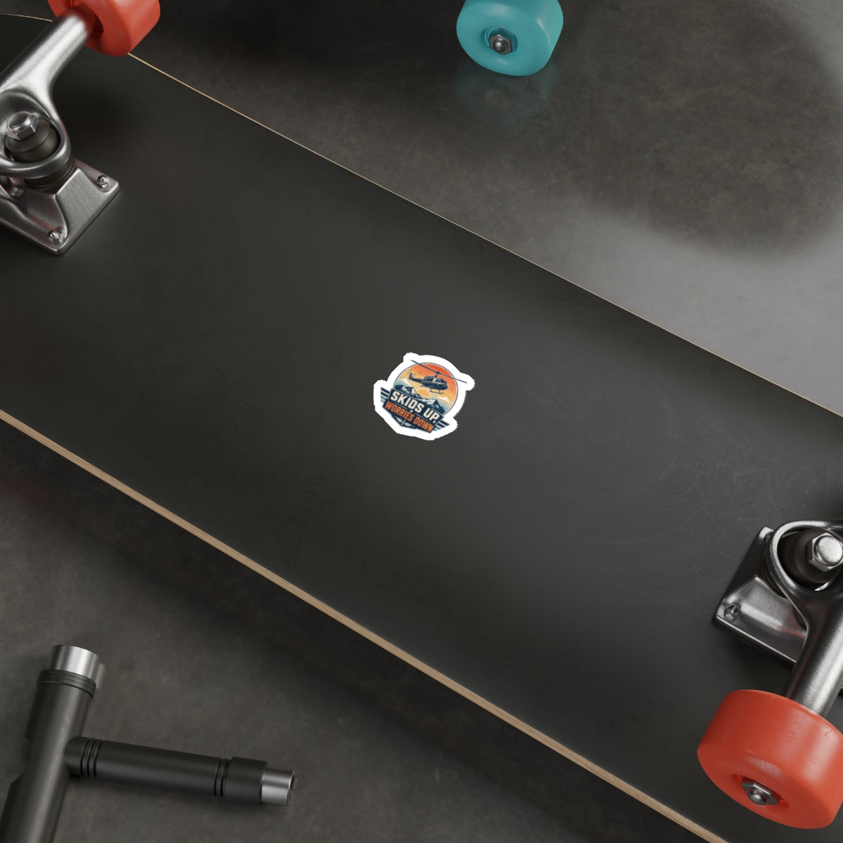 Die-Cut Sticker — “Skids Up, Worries Down” Helicopter Vintage Adventure Decal
