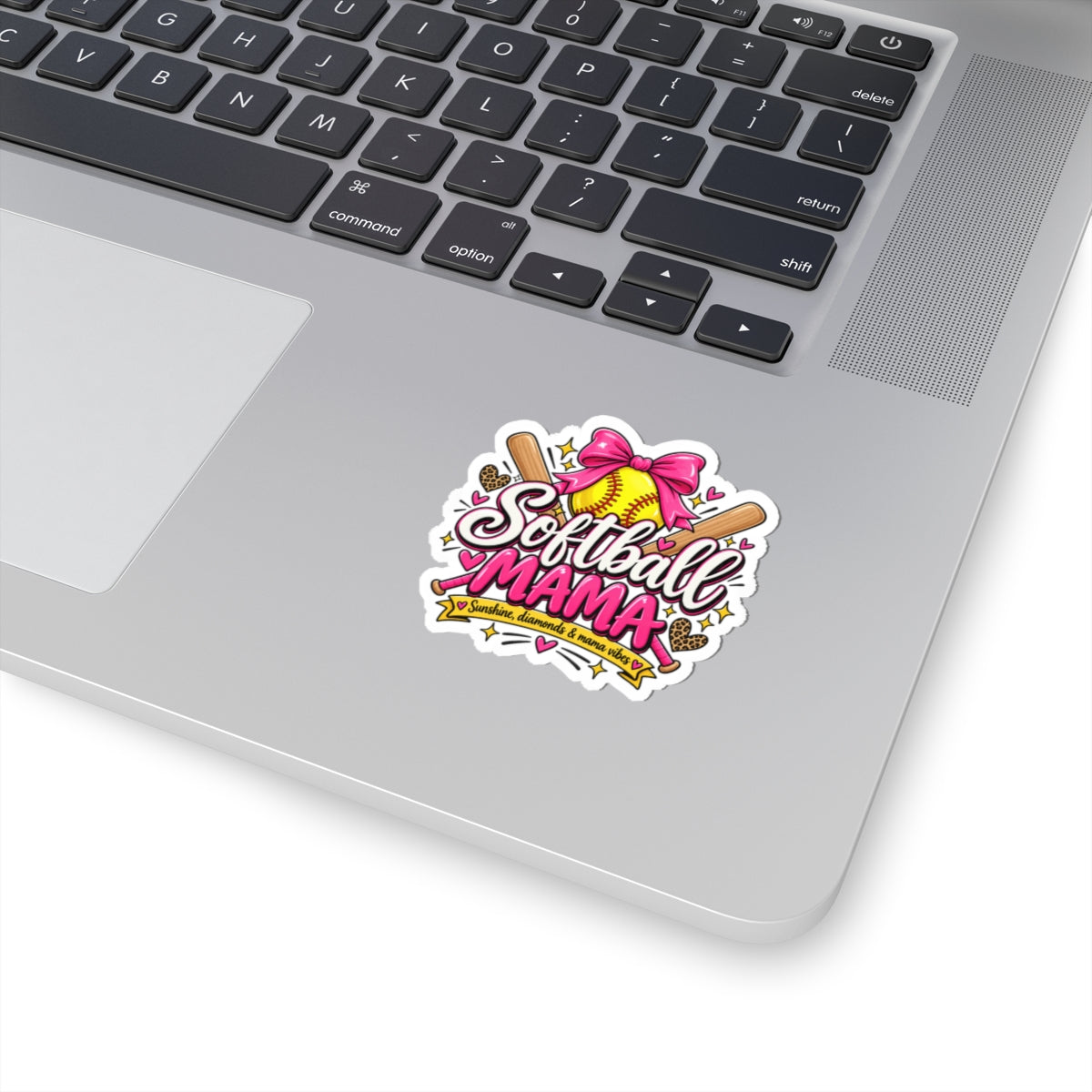 Softball Mama Sticker — Pink Bow Softball Kiss-Cut Vinyl Decal for Moms, Team Spirit Gift