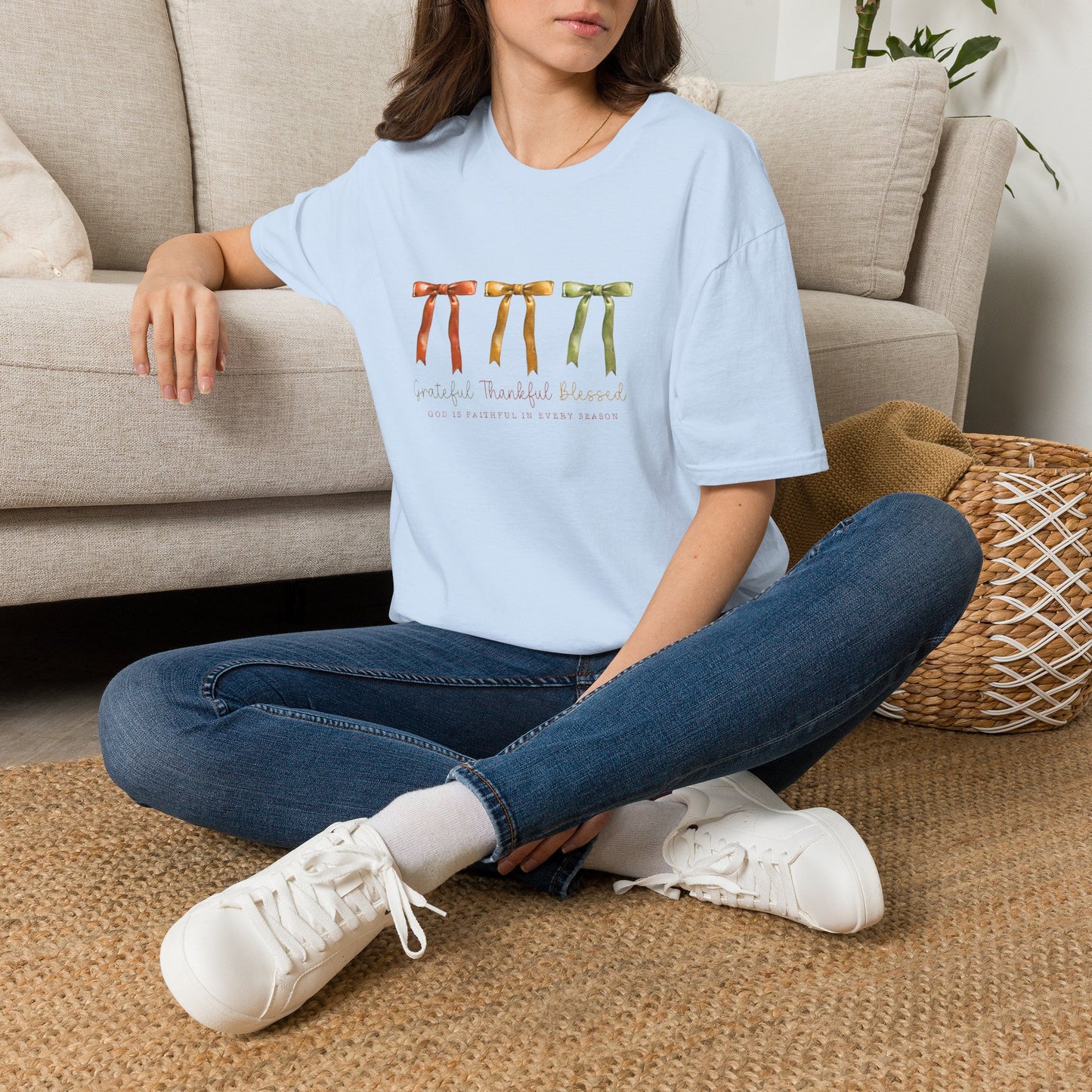 Grateful Thankful Blessed Autumn Ribbon Graphic Tshirt