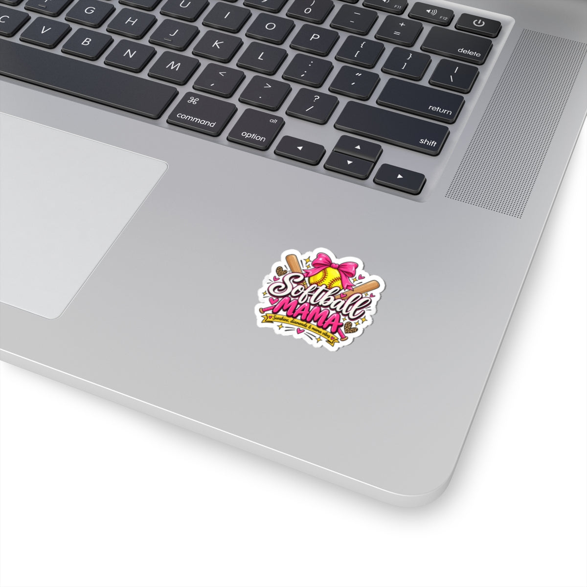 Softball Mama Sticker — Pink Bow Softball Kiss-Cut Vinyl Decal for Moms, Team Spirit Gift