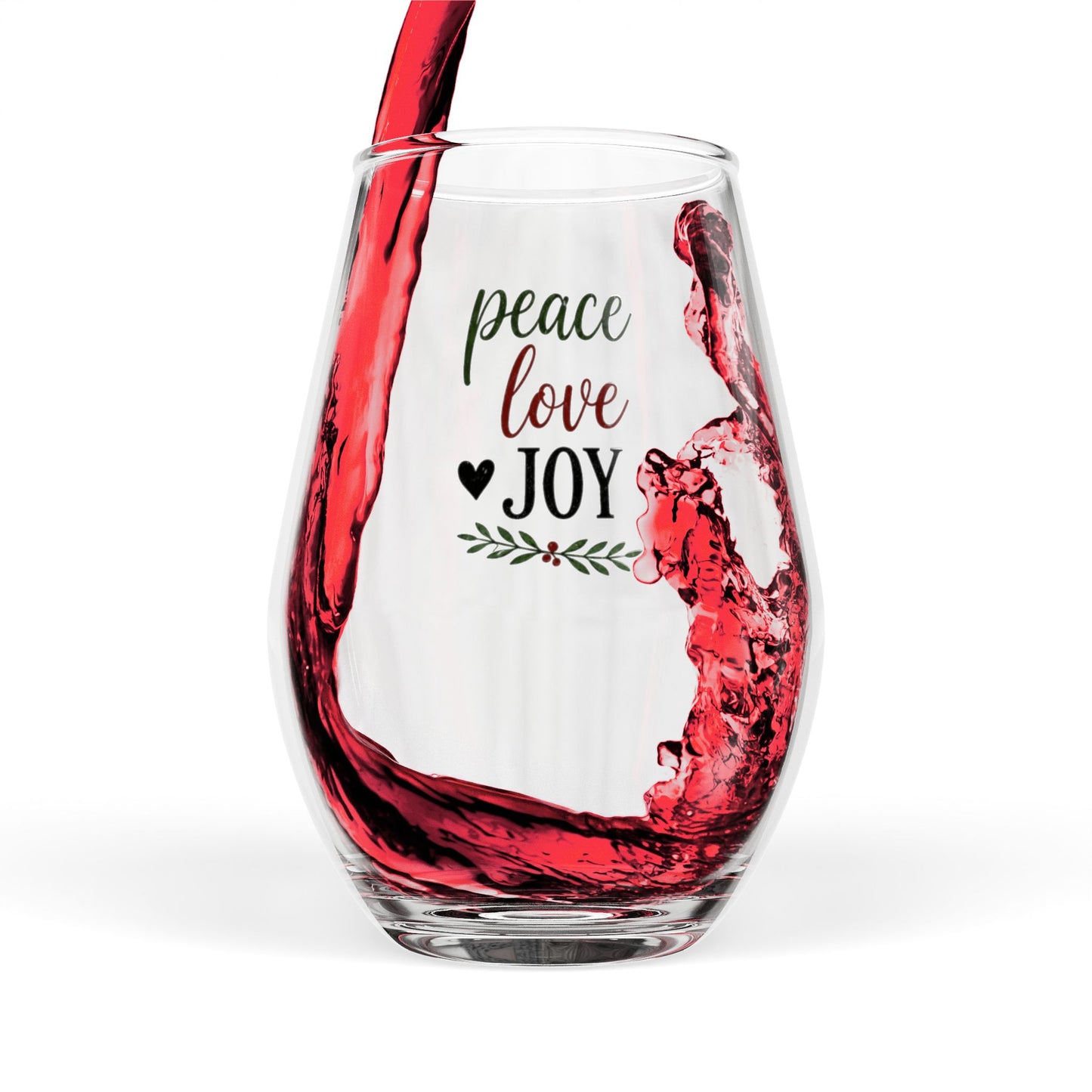 Peace Love Joy Stemless Wine Glass — Festive Holiday 11.75 oz Gift